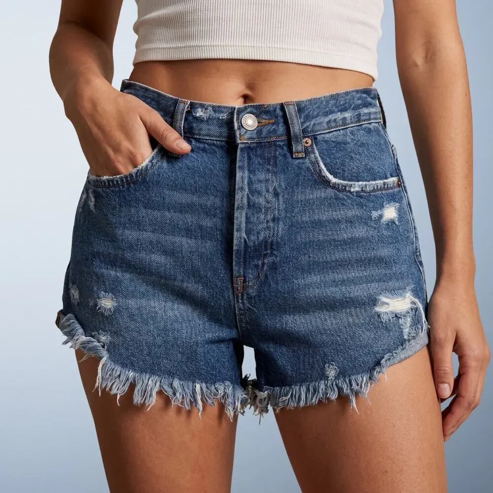 Free People We the Free High Waist Distressed Frayed Denim Cutoff Shorts Size 25